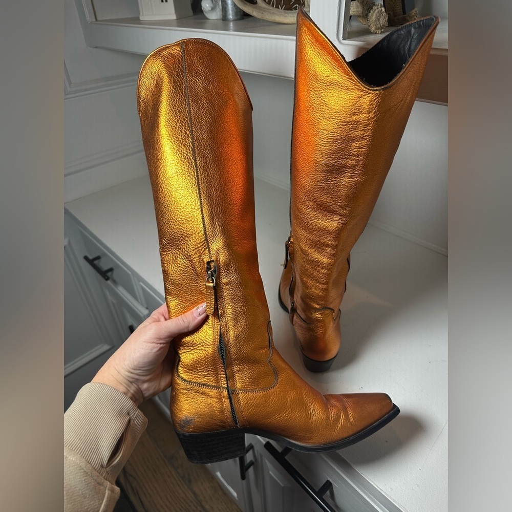 Feners Metallic Bronze Knee High Boots EU37 6.5/7 Pointed Toe Leather Western - Picture 8 of 10